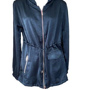 HARMONIE Lightweight SATIN Hooded Black Jacket With Waist String  Gold Zip SZ XS